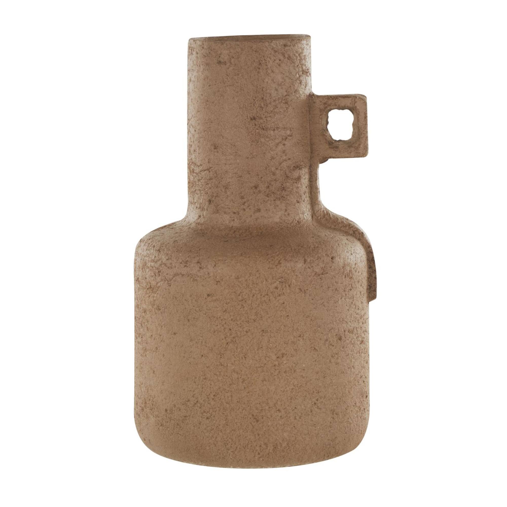 15.5" Brown Paper Mache Abstract Distressed Textured Vase with Geometric Handle